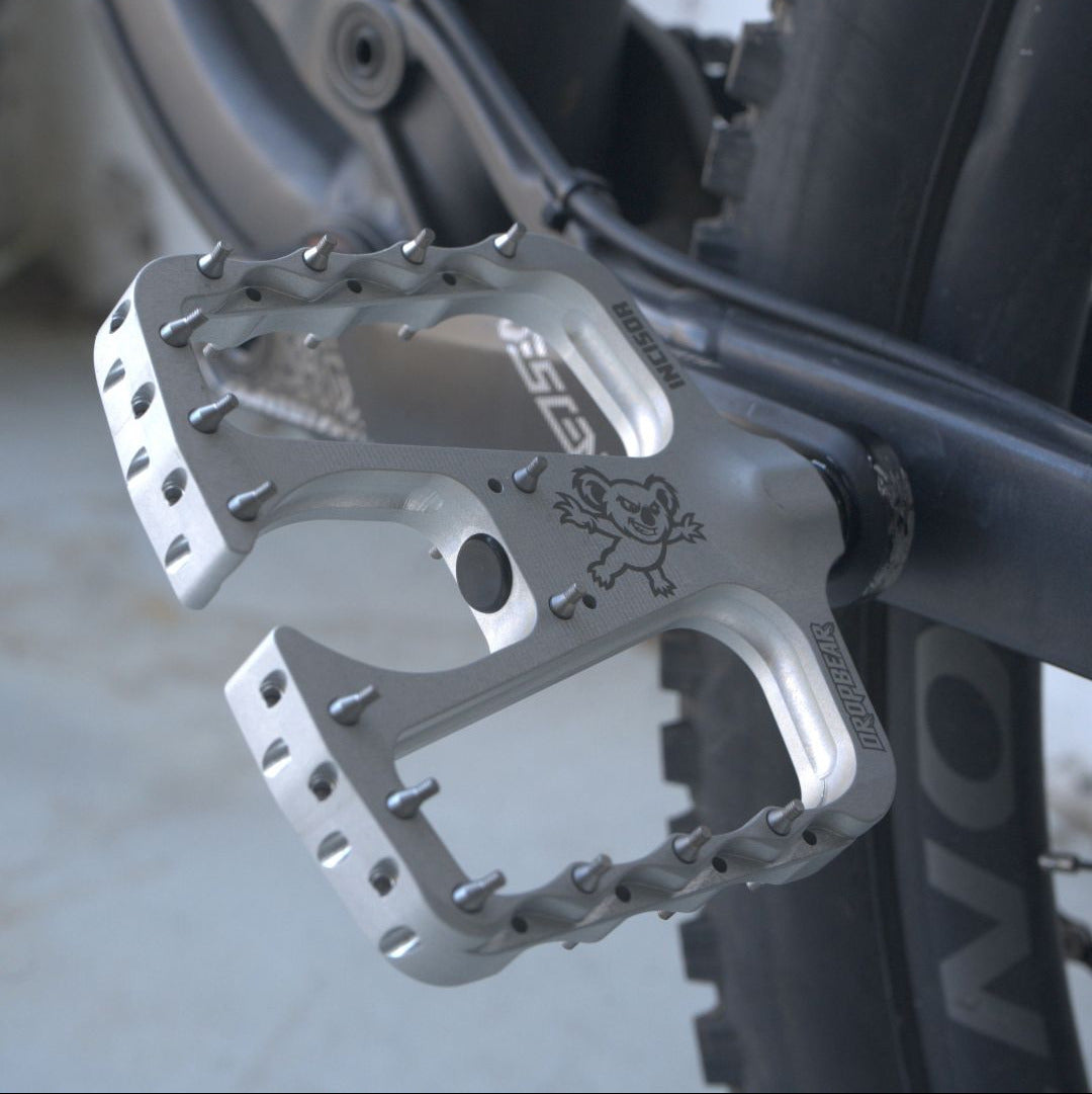 Close-up of a silver aluminum bicycle pedal with spiked edges and a black frame and tire in the background.