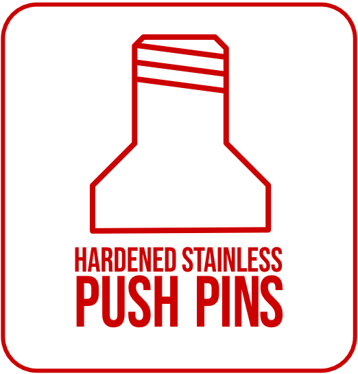 Hardened stainless push pins badge