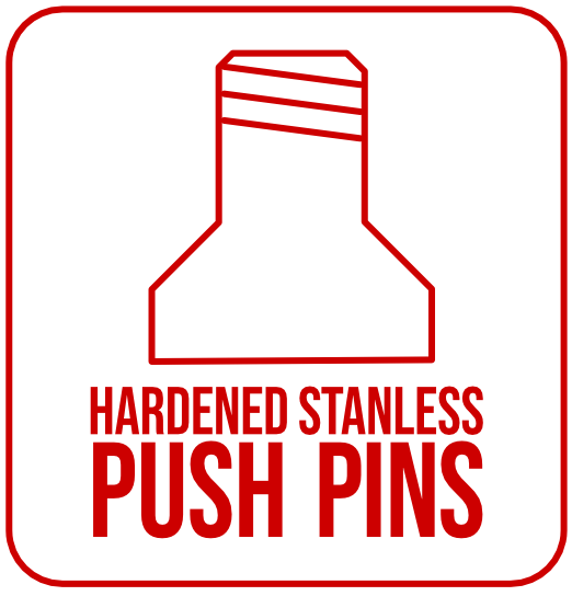 Hardened stainless push pins badge